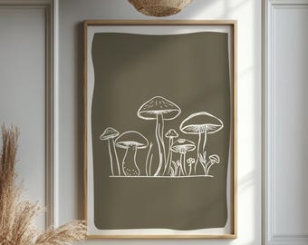 Minimalist Mushroom Wall Art Print, Botanical Forest Printed Art, Rustic Woodland Decor, Boho Nature Poster, Cottagecore Fungi Illustration
