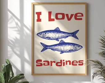 I Love Sardines Wall Art, Fish Illustration, Fisherman's Aesthetics, Nautical Kitchen Decor, Coastal Seafood Poster, Rustic Ocean Wall Art