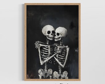 Couple Skeleton Wall Art, Gothic Halloween Love Print, Romantic Skull Decor Poster, Spooky Wedding Gift, Vintage Anatomical Skeleton Artwork