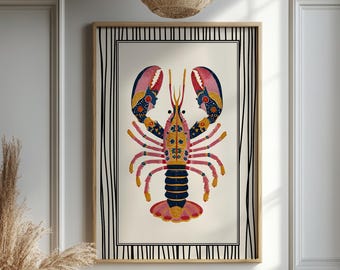 Lámina de arte mural de langosta colorida, decoración náutica costera para cocina, ilustración bohemia de animales oceánicos, póster de arte marino de casa de playa con mariscos