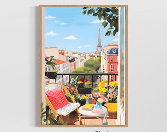 Paris Balcony Wall Art Print, Eiffel Tower Decor, French Cityscape Poster, Paris Apartment Artwork, Travel Wall Decor, Window View