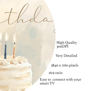 May include: A white birthday cake with three lit candles. The cake has white frosting and is decorated with cream-colored swirls. The background is a soft, watercolor-style wash with the word "thda" in a script font.
