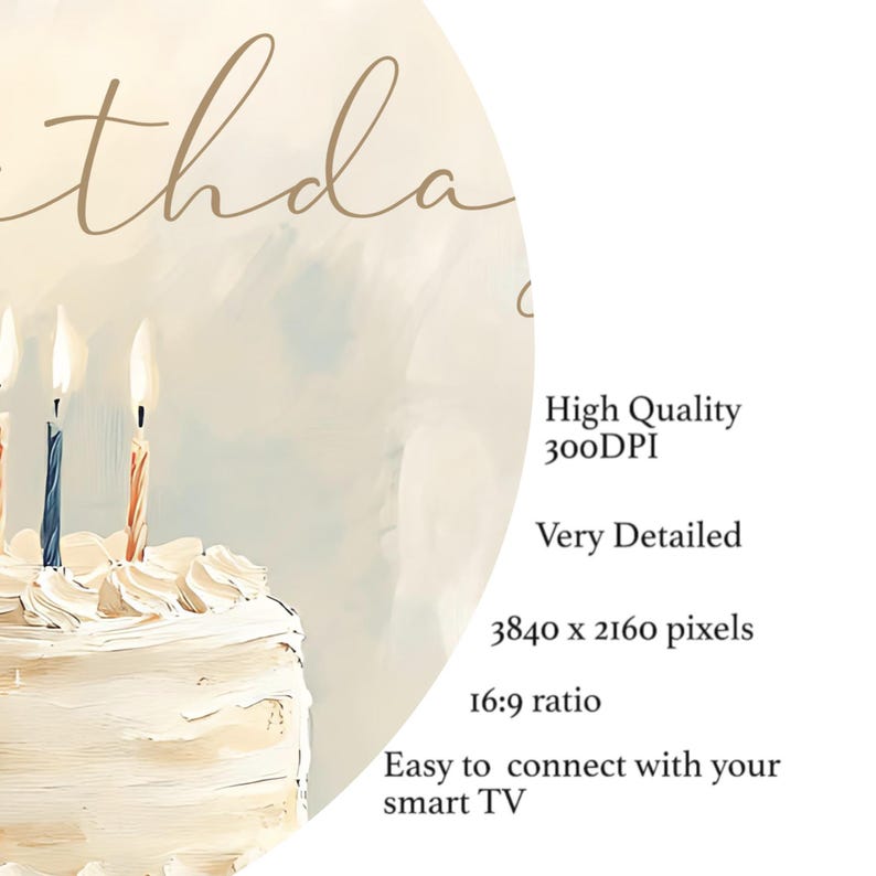 May include: A white birthday cake with three lit candles. The cake has white frosting and is decorated with cream-colored swirls. The background is a soft, watercolor-style wash with the word "thda" in a script font.