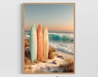 Surfboard Beach Poster Coastal Wall Art Sunset Ocean Print Tropical Surf Decor Vintage Summer Vibes Seaside Photography Modern Home Artwork