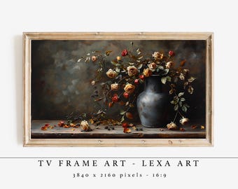 Vintage Flower Still Life Frame TV Art, Digital Download For Samsung Frame TV, Dark Moody Floral Painting, Rustic Home Decor