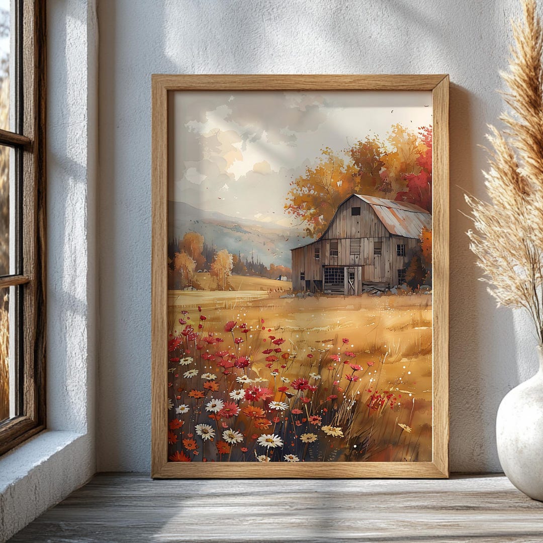 Rustic Barn Wall Art, Autumn Farmhouse Poster, Fall Country Landscape ...