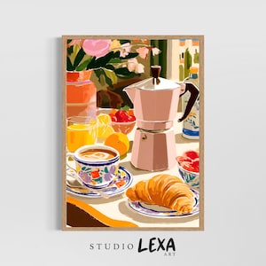 May include: A framed art print of a breakfast scene. A pink stovetop espresso maker sits next to a cup of coffee, a croissant, and a glass of orange juice. A vase of pink flowers and a bowl of fruit are also present.