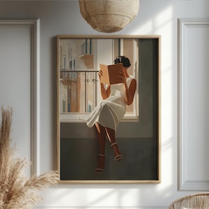 Väggkonsttryck med läsande kvinna, neutralt väggtryck, elegant fönsterläsarposter, tyst lyxig inredning, konstverk med bokälskare, parisisk heminredning