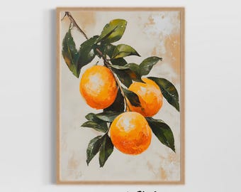 Oranges Wall Art Print, Mediterranean Fruit Kitchen Decor, Rustic Citrus Poster, Vintage Orange Painting, Farmhouse Dining Room Wall Accent