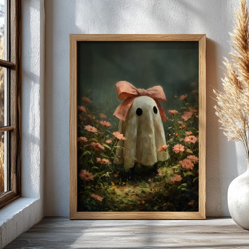 Ghost With Pink Bow Wall Art, Cute Spooky Poster, Halloween Floral ...