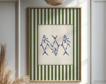 Hand Drawn Sardines Poster Green Stripe Trendy Fish Aesthetic Kitchen Wall Art Retro Coastal Nautical Decor Vintage Seafood Illustration