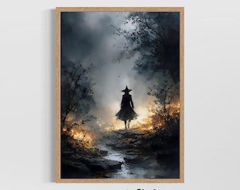 Lámina decorativa de Halloween con bruja misteriosa, decoración gótica espeluznante para el hogar, póster de arte de bruja vintage, decoración de pared otoñal estilo cottagecore oscuro