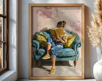 Book Lover Wall Art Print, Woman Reading Painting, Cozy Reading Nook Poster, Literary Home Decor Gift for Readers & Bookworms