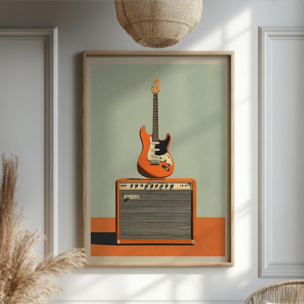 E-Gitarre Wand Kunst Druck, Retro Musik Dekor, Vintage Amp Poster, Mid Century Modern Kunstwerk, Musikzimmer Wanddekoration, Musik Liebhaber Geschenk