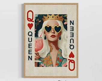 Queen Of Hearts Wall Art, Playing Card Poster, Retro Feminine Print, Bar Lounge Decor, Gift For Her, Bold Pop Art Illustration