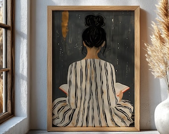 Minimalist Wall Art Woman Reading Print, Modern Book Lover Gift, Cozy Reading Nook Decor,| Literary Illustration Poster, Book Lovers Gift