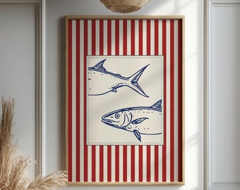 Coastal Fish Wall Art Print with Nautical Blue Illustration Red Striped Background, Unframed Fish Aesthetic Decor for Beach House Kitchen