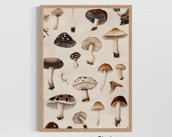 Brown Mushroom Wall Art, Printed Botanical Fungi Poster, Rustic Cottagecore Nature Decor, Woodland Kitchen Print, Vintage Forest Wall Accent