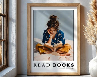 Impresión de arte mural "Leer libros", póster literario con niña leyendo, decoración del hogar para amantes de los libros, obra de arte para el rincón de lectura, regalo para amantes de los libros y lectores.