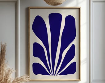 Niebieski abstrakcyjny botaniczny wydruk ścienny, boho wydruk ścienny, minimalistyczny plakat roślinny, nowoczesna sztuka przyrodnicza, ciemnoniebieski botaniczny wystrój ścienny