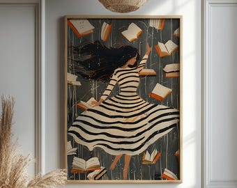 Whimsical Book Lover Wall Art, Dancing Girl Reading Painting, Literary Home Decor Print, Unique Poster for Readers, Book Lovers Gift