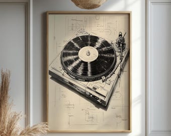 Record Player Blueprint Poster, Vintage Vinyl Wall Art, Minimalist Line Drawing Print, Music Lover Gift, Modern Industrial Home Decor