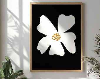 Large White and Black Floral Wall Art, Boho Floral Illustration Print, Minimalist Botanical Poster, Flower Decor for Bedroom or Living Room