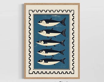 Blue Stamp Fish Illustration Print, Retro Coastal Home Decor, Nautical Art Poster, Ocean Wall Art