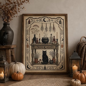 Puede incluir: Una lámina de arte mural rectangular enmarcada con una ilustración detallada de una mesa de madera con un caldero humeante, botellas de vidrio, velas y un gato negro sentado debajo. El borde está decorado con elementos botánicos, lunas y viales.