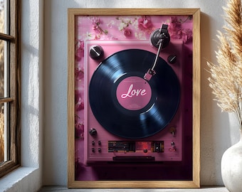 Pink Record Player Poster, Love Vinyl Wall Art, Retro Music Lover Print, Romantic Bedroom Decor, Aesthetic Art Gift, Vintage Music Poster