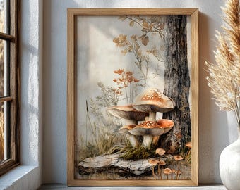 Vintage Mushroom Wall Art Print, Botanical Woodland Decor, Rustic Nature Poster for Cottagecore, Boho Home, Forest Inspired Room, Fall Decor