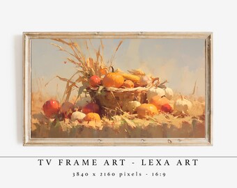 Autumn Harvest Frame TV Art, Pumpkin Basket Digital Art, Fall Farmhouse Decor, Cozy Thanksgiving Display, Rustic Fall TV Artwork