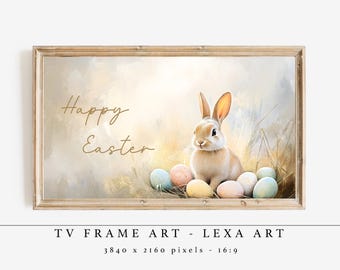 Happy Easter Frame TV Art, Samsung Frame TV Spring Decor, Neutral Bunny With Pastel Eggs, Digital Download