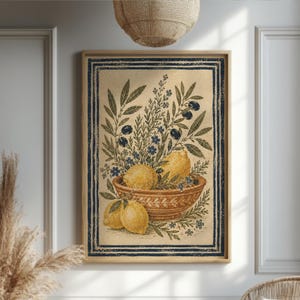 Rustic Lemon And Olive Print, Vintage Kitchen Wall Decor, Tuscan Botanical Art, Blue Border Poster, Cottagecore Kitchen