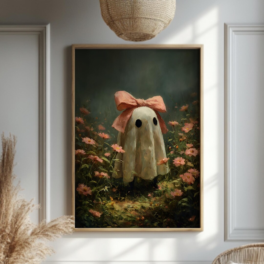 Ghost With Pink Bow Wall Art, Cute Spooky Poster, Halloween Floral ...