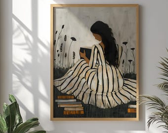 Minimalist Wall Art Woman Reading Print, Boho Book Lover Gift, Bedroom Wall Art, Home Library Decor,Literary Illustration Poster, Book Lover