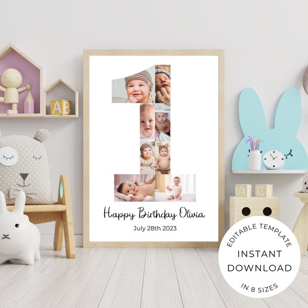 First Birthday Poster Photo Collage First Birthday photo Collage Template Custom First Birthday Gift for Boy First Birthday Gift for Girl