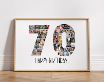 Puede incluir: Una foto enmarcada blanca con un collage de fotos en forma del número 70. El texto "¡Feliz cumpleaños!" está debajo del número.