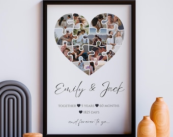 Heart Photo Collage Template Puzzle Heart Picture Collage Personalized Wedding Gift Printable Engagement Photo Collage Poster Canva template