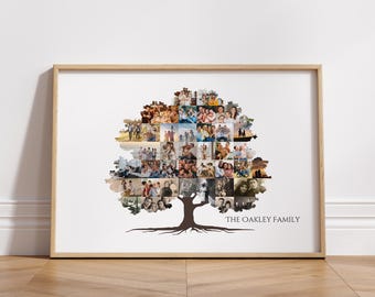May include: A framed photo collage of a family tree with a brown silhouette of a tree with many branches and roots. The tree is filled with photos of a family. The text "THE OAKLEY FAMILY" is at the bottom of the image.