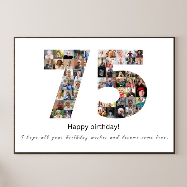 Plantilla de collage de fotos de 75 cumpleaños Regalo de cumpleaños 75 para mujeres Regalo de 75 años para su regalo de cumpleaños número 75 para el collage de cumpleaños del abuelo