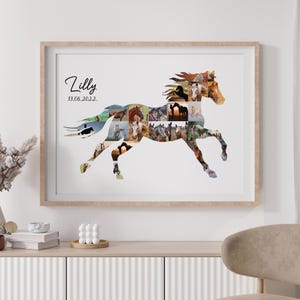 Könnte beinhalten: Ein gerahmtes Collage aus Pferdefotos in Form eines Pferdes, mit dem Namen "Lilly" und dem Datum "13.06.2022" unter dem Pferd.