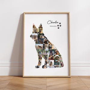 May include: A framed print of a German Shepherd silhouette made up of many smaller photos of German Shepherds. The print is titled "Charlie 13.06.2022."