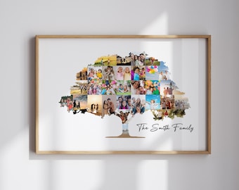 May include: A photo collage in the shape of a tree with multiple pictures of a family. The text "The Smith Family" is at the bottom of the collage.