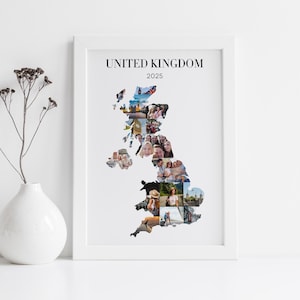 May include: A framed print featuring a map of the United Kingdom filled with various photographs. The text "UNITED KINGDOM 2025" is displayed at the top. The frame is white, and the background is a plain white.