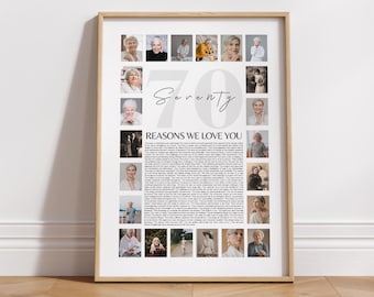 Plantilla de collage de fotos de Canva con 70 razones por las que te amamos. Collage de fotos para el 70.º cumpleaños. Regalo para la abuela. Regalo personalizado para el abuelo. Collage imprimible.