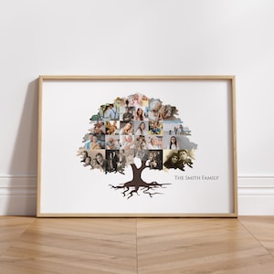 May include: A framed family tree photo collage with a light wood frame. The tree-shaped collage features numerous family photos. The words "THE SMITH FAMILY" are printed in a serif font on the right side of the tree.
