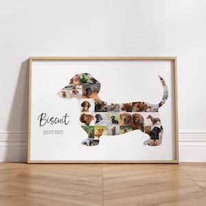 Peut inclure: Un cadre en bois clair contenant une impression en forme de teckel remplie de photos de chiens. Le nom "Biscuit" est écrit en cursive, avec la date 02/17/2025 en dessous. Le fond est blanc.