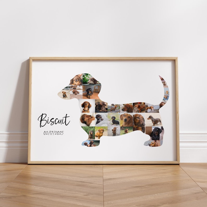 May include: A framed print with a dachshund shape composed of various dog photographs. The name "Biscuit" is written in cursive, with the date 02/17/2025 below. The frame is light wood, and the background is white.