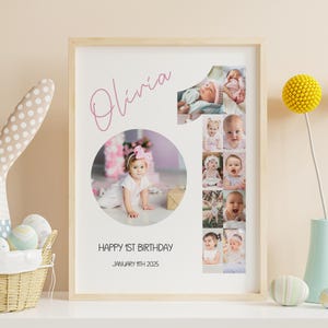 Druckbare erste Geburtstag Foto Collage Canva Vorlage 1. Geburtstag Willkommen Schild Baby Geburtstag Poster benutzerdefinierte Bild 1 Geburtstag Bild